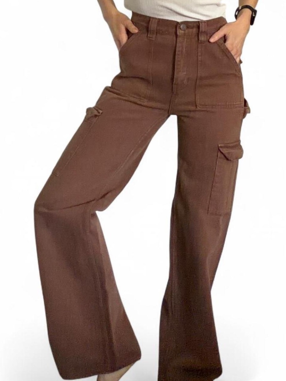 Cotton Ultra High Rise Flare Brown Cargo Pants